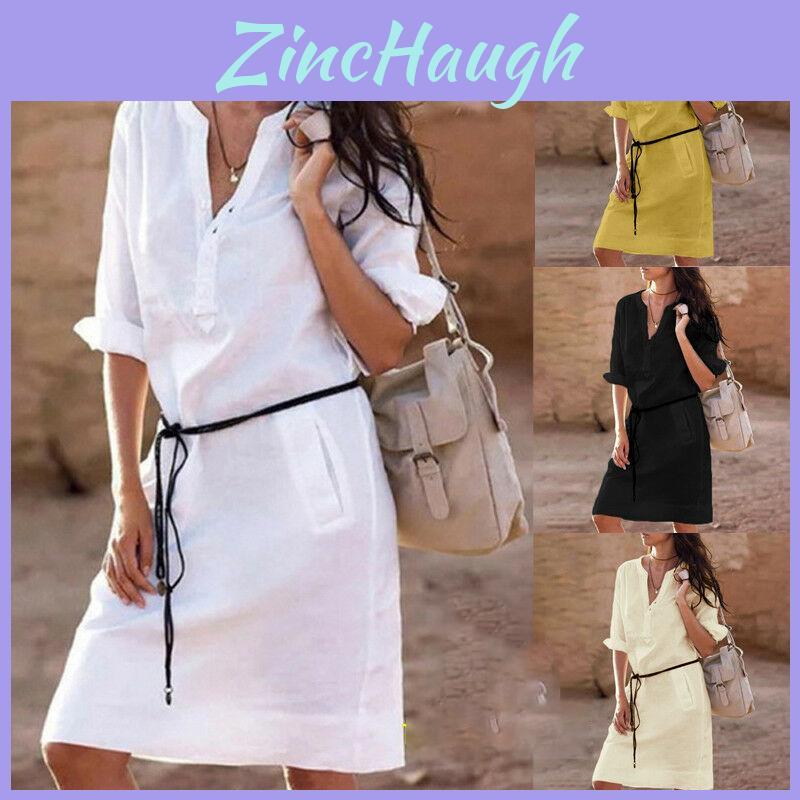 Plus Size Women Long Sleeve Shift Dress With Elegant V Neck Design For Casual Outings