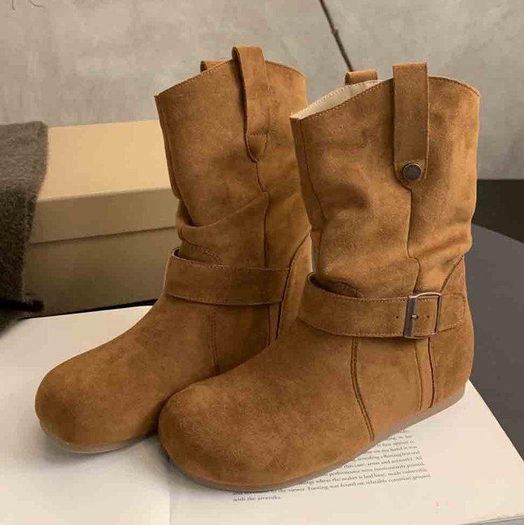 

2025 autumn and winter new can be developed without standard leather sheepskin integrated snow boots stacking boots short boots knight boots 40 коричневый