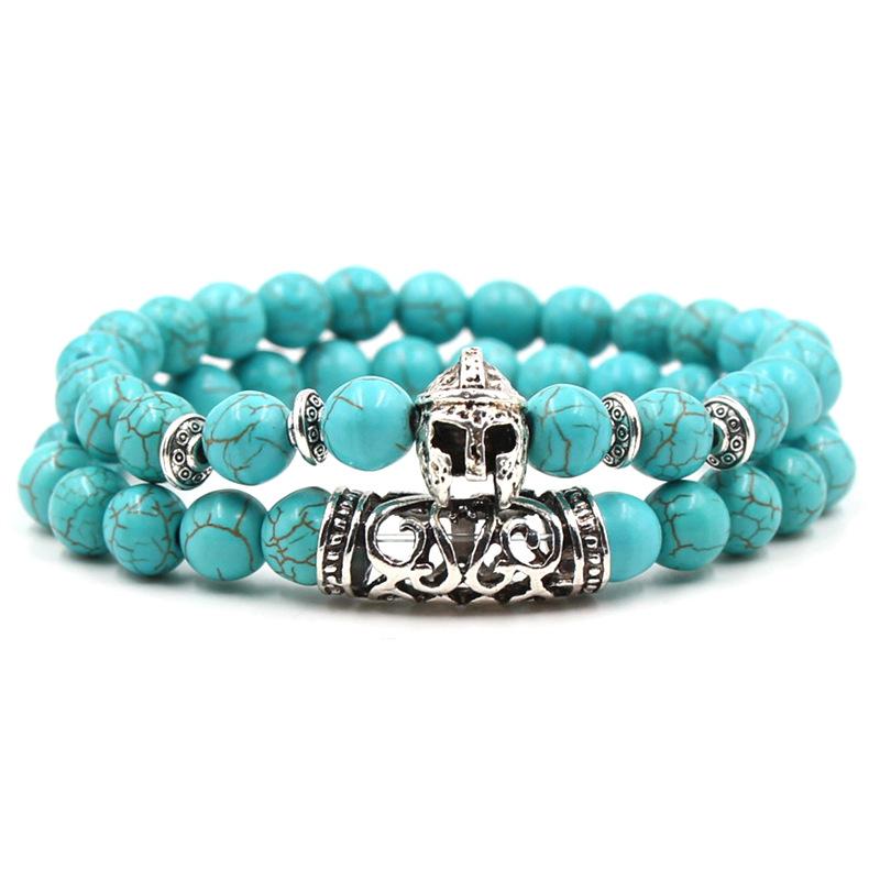 2PCS/Set Copper Color Buddha Head Lava Skeleton Turquoises Natural Stone Beads For Women Men Bracelet Set Charm Bangles