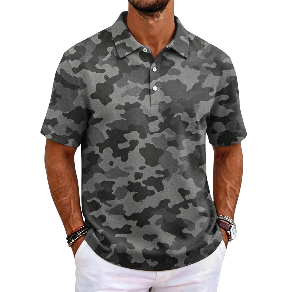 Men's Camouflage Polo Shirt Slim Fit Short Sleeve Business Casual Collar Buttoned Front Breathable Fabric Lightweight Design
