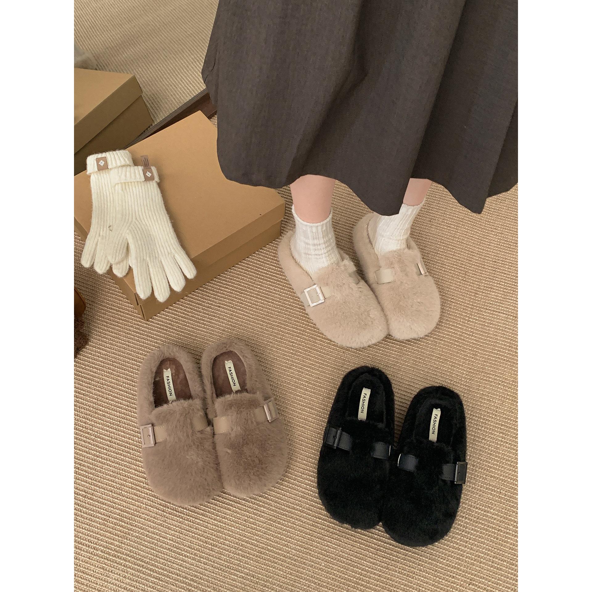 

Retro French thick-bottomed plush slippers for women to wear winter warm and non-slip Birkenstock cotton slippers 40 хакі