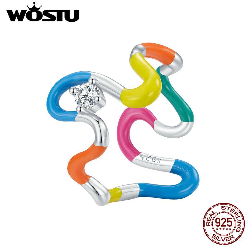 WOSTU 925 Sterling Silver Rainbow Wave Prsteny pro ženy Nepravidelný Twist Ring bonbónové barvy Party Šperky Dárek k narozeninám