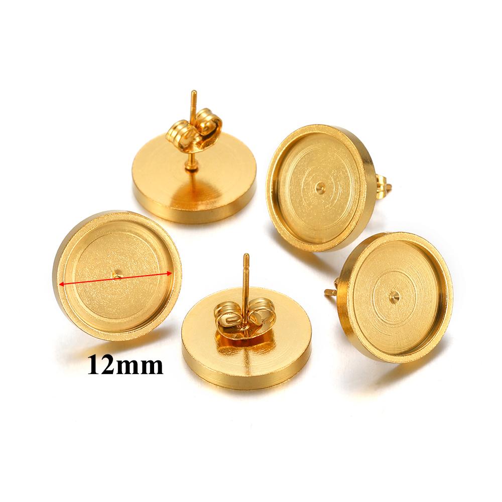 20pcs 6 8 10 12mm Gold Stainless Steel Flat Stud Earring Base Setting Blank Earring Cabochon Tray DIY Jewelry Making Wholesale