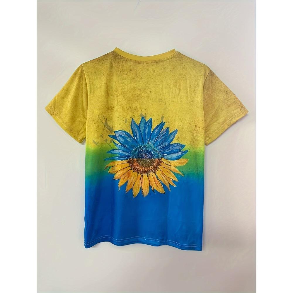 Gradient Color Block Sunflower 3D Printed Women's Short-sleeved T-shirt Summer Comfortable Casual Bottoming Top