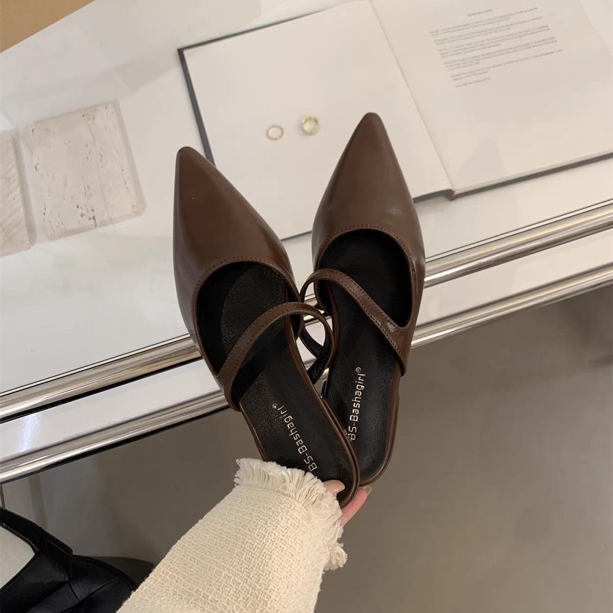 

thin heel bag head half slippers women s pointed head one word with sandals spring and summer 2025 new fashion low heel slippers 40 темно-коричневого
