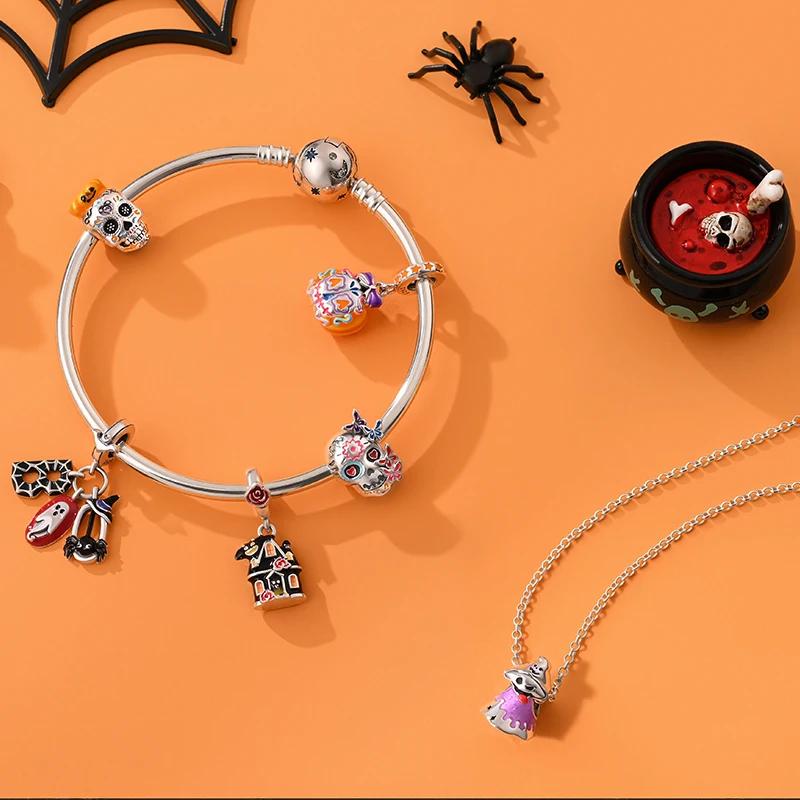 Halloween Charm Bead Component Bead Component Copper Metal Pumpkin Ghost Lantern Skull Bat Witch Hat Candy Luminous Charm Bead Component Compatible
