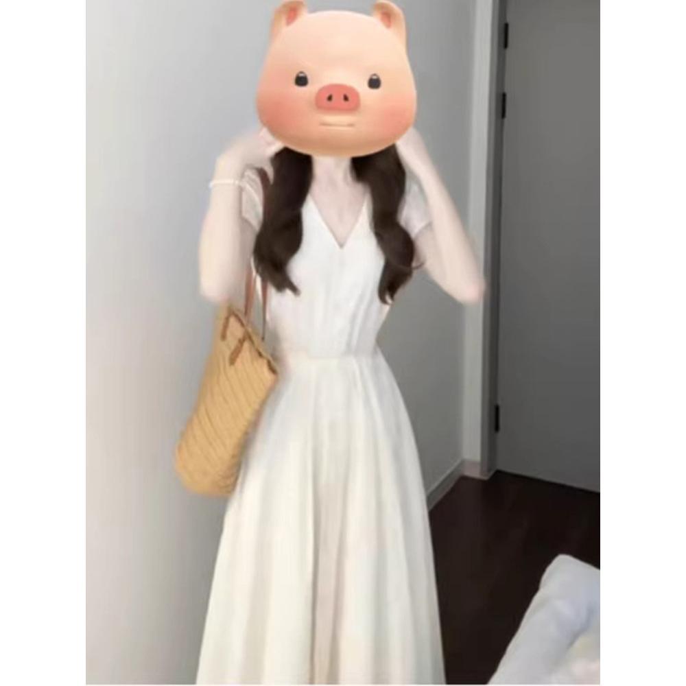 V-neck white dress children's summer elegant new seaside vacation small temperament waist dress