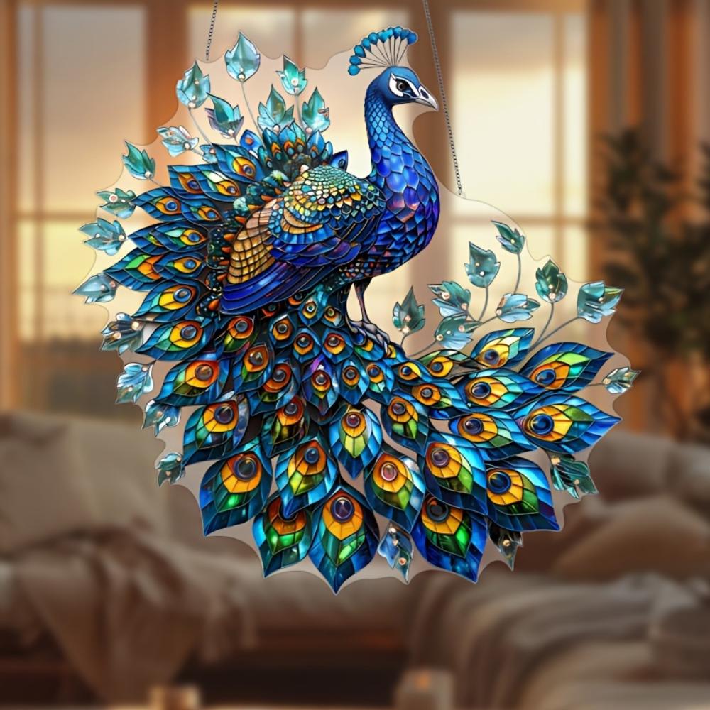 2D Graphic Art Revival Crystal Peacock Decorative Pendant Sun Catcher - Animal-themed Hanging Decoration for Home, Office, Garden, Patio Decoration