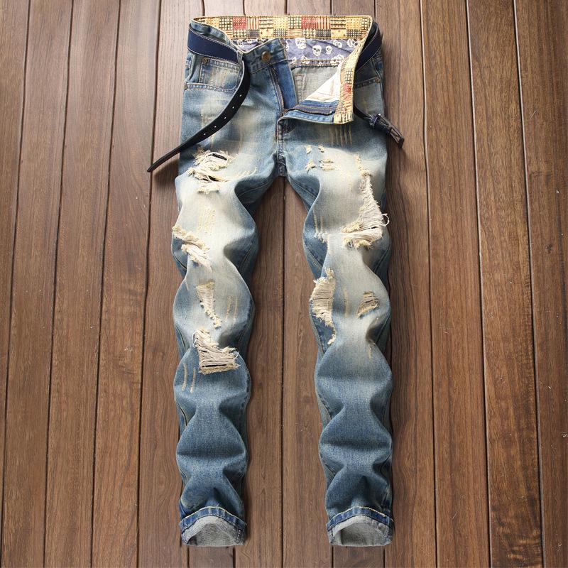 Men's European & American Style Retro Washed Ripped Jeans (Non-Stretch)