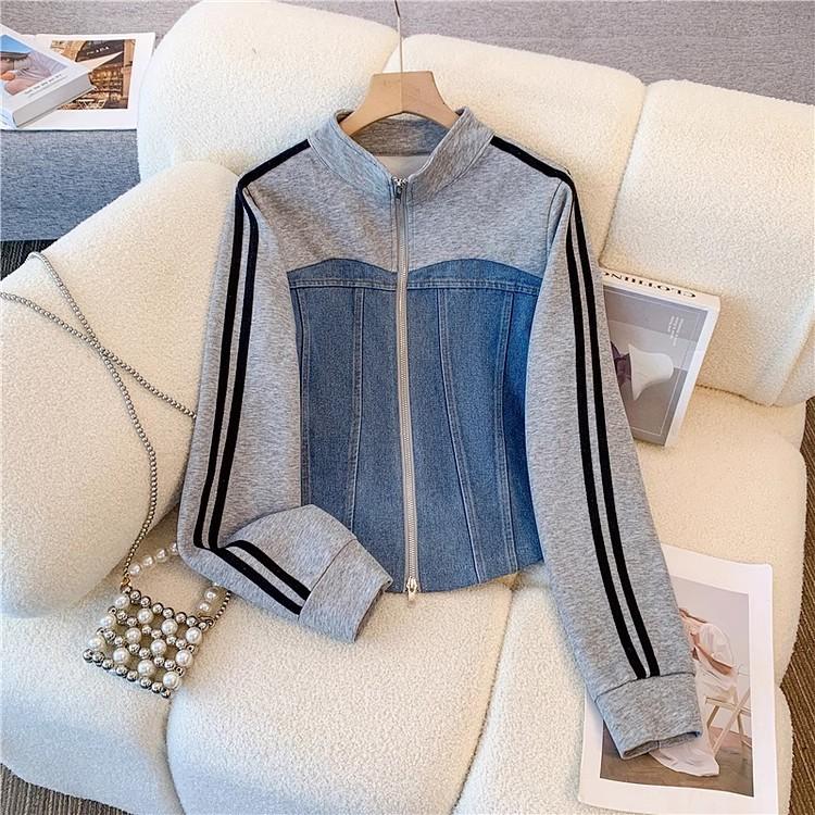 Dam Preppy Stil Patchwork Kontrast Denim Set Ståkrage Dragkedja Jackor Kappor Elastiska Jeans 2-Dels Kostym Streetwear Komfort