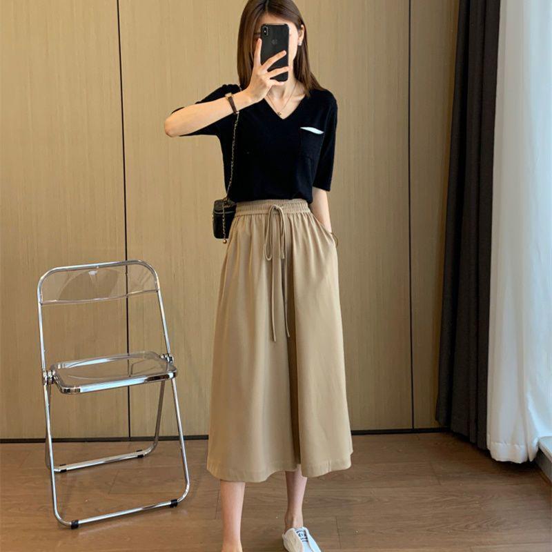 Plus Size Women s Summer Three-Quarter Wide-Leg Drape Pants Skirt - Loose, Slimming, Versatile, Casual and Trendy. XXXL хаки