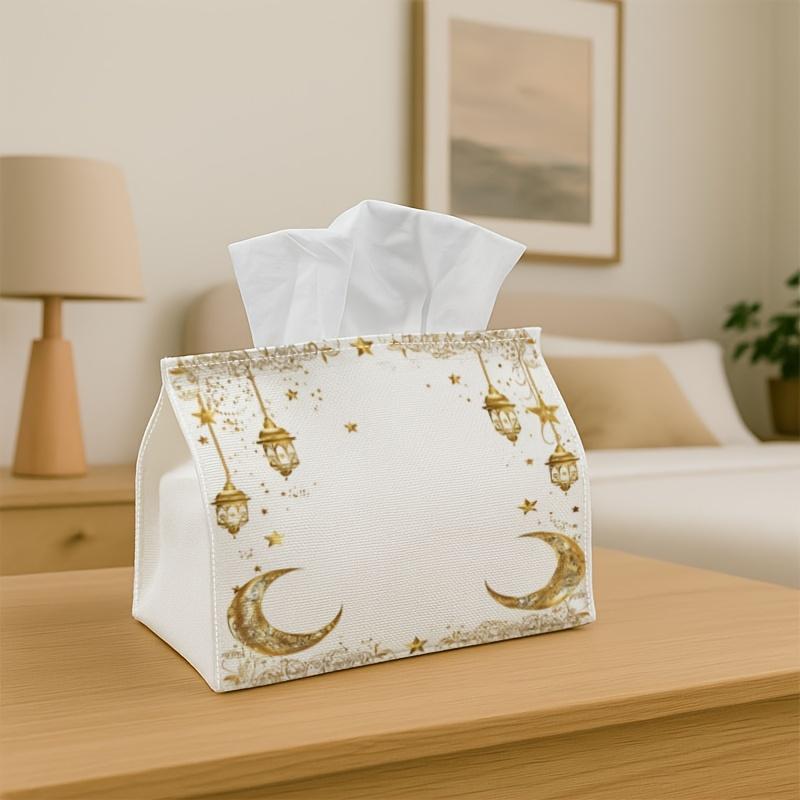 1pc Islamic Home Decor Tissue Holder, Golden Moon Hanging Lantern with Crescent Design, Ideal for Events And Meals, Washable Desktop Organizer for Bed