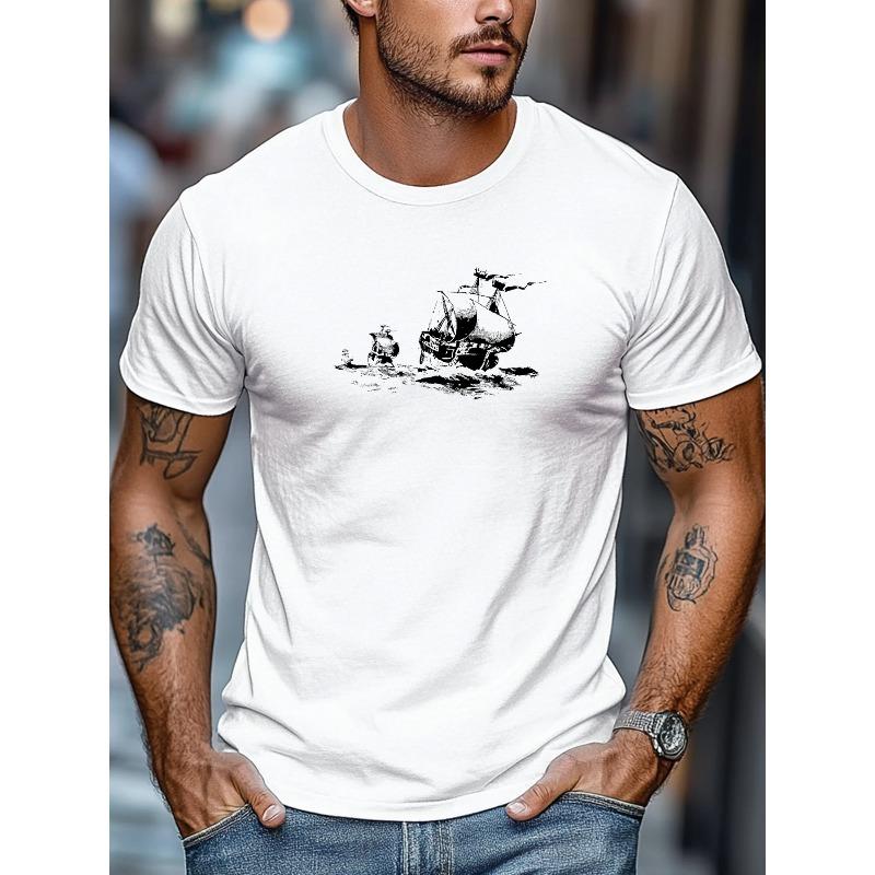 Men's T-shirt, Simple and Clean, Relaxed and Casual, Men's Sailboat Pattern Summer Casual Crew Neck Short-sleeve T-shirt, PLUS SIZE