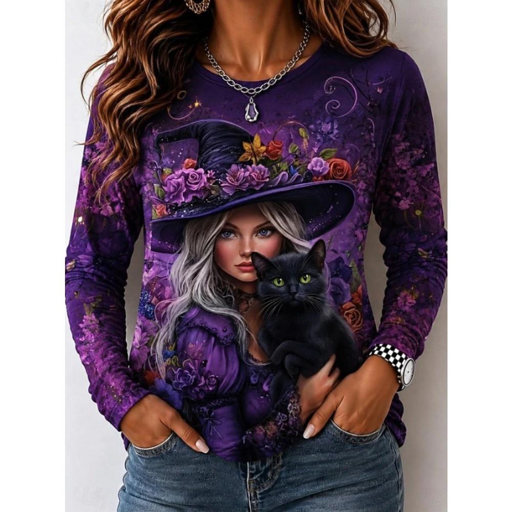 Tops for Women Halloween Print Round Neck Long Sleeve T-shirt Fall Casual Slim Pullover Women's Long Sleeve Top