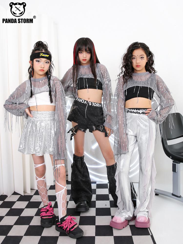 Girls' Sequin Tassel Jazz Dance Outfit - Mesh Long Sleeve & Pants Set for Street & Performance