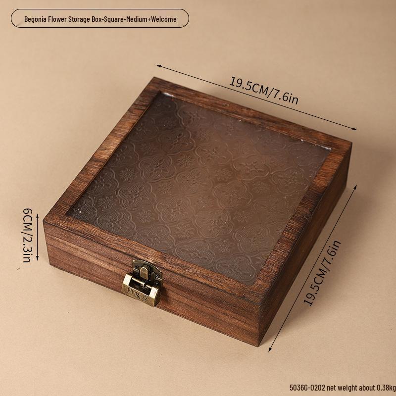 Retro Begonia Glass Lid Wooden Storage Box for Cosmetics, Snacks, Candy, and Documents - Dustproof and Multifunctional