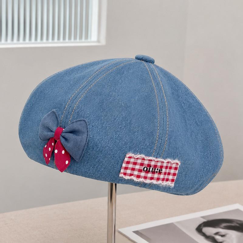 Denim Beret Hat For Women With Bowknot And Star Pattern Summer Fall Chic Style