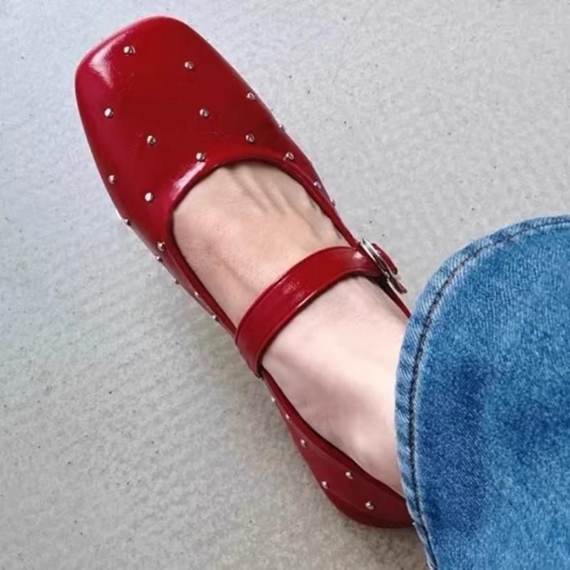 Mary Jane Schuhe mit eckiger Zehenpartie und roten Nieten für Damen, elegant, flache Schuhe für Frühling und Herbst, Damen, flache, lässige schwarze Slipper, Schuhe 2025