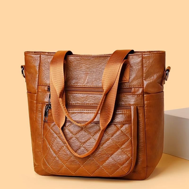 Large Capacity Shoulder Bag Soft Leather Women's Vintage Commuter Tote Bag Multi-Compartment Crossbody Bag