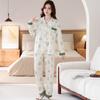Baumwollimitat Pyjama Damen Herbst pastoral floral langärmlig lässige Mode Loungewear mittelgrüner Anzug