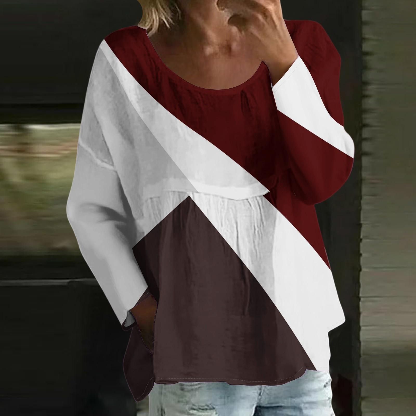 

Женский повседневный модный свободный топ с круглым вырезом и цветочным принтом, с длинным рукавом S винный