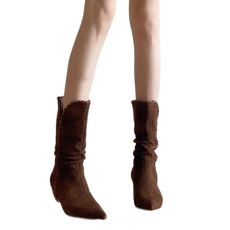 Suding Home~ Niche Pointed Head Retro Woven V-mouth Thin Cowboy Boots Thick Heel Pleated Medium Tube One Pedal Stacking Boots