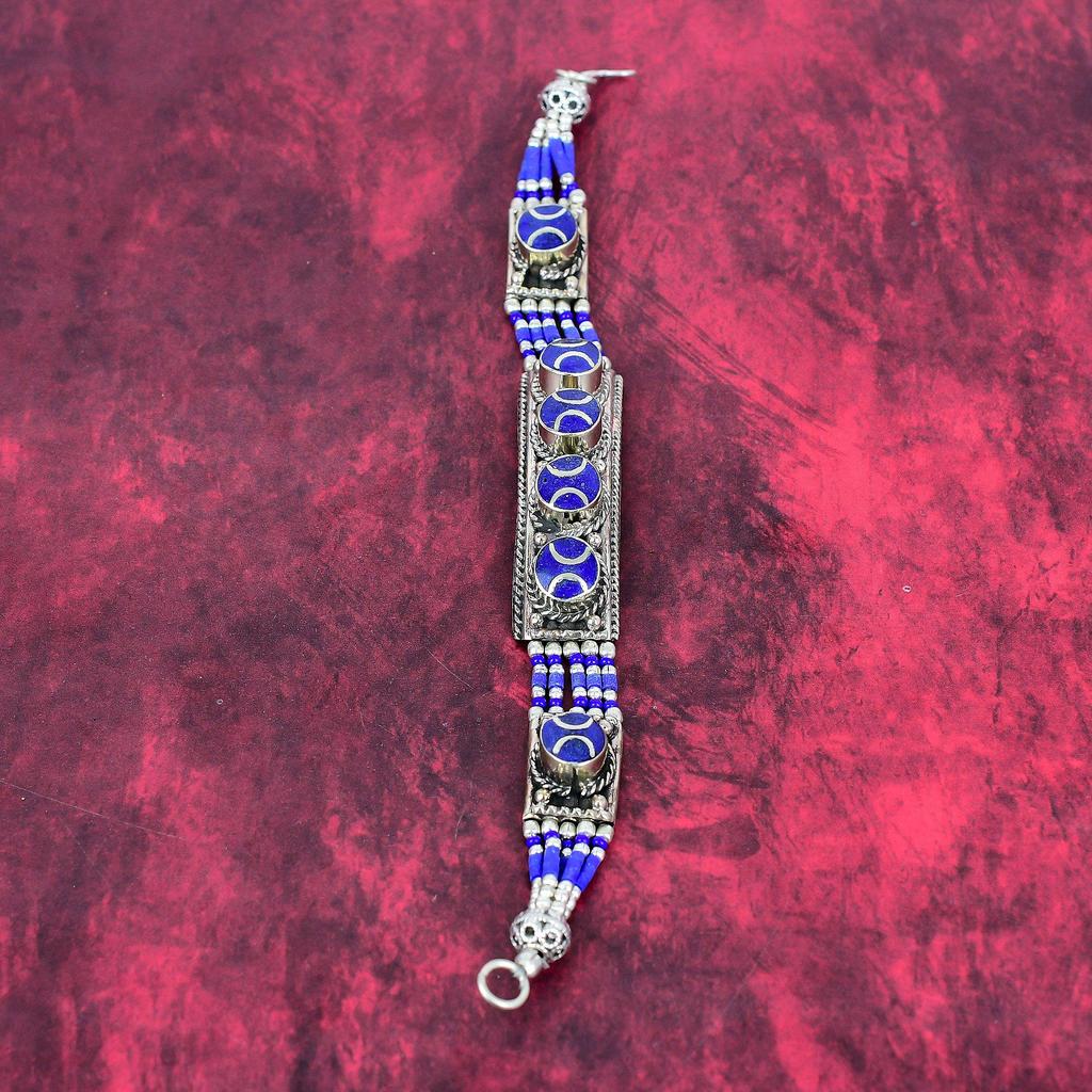 Lapis Lazuli Handmade Gemstone Bracelet, 925 Solid Sterling Silver Bracelet Antique Nepali Jewelry, For Thanksgiving