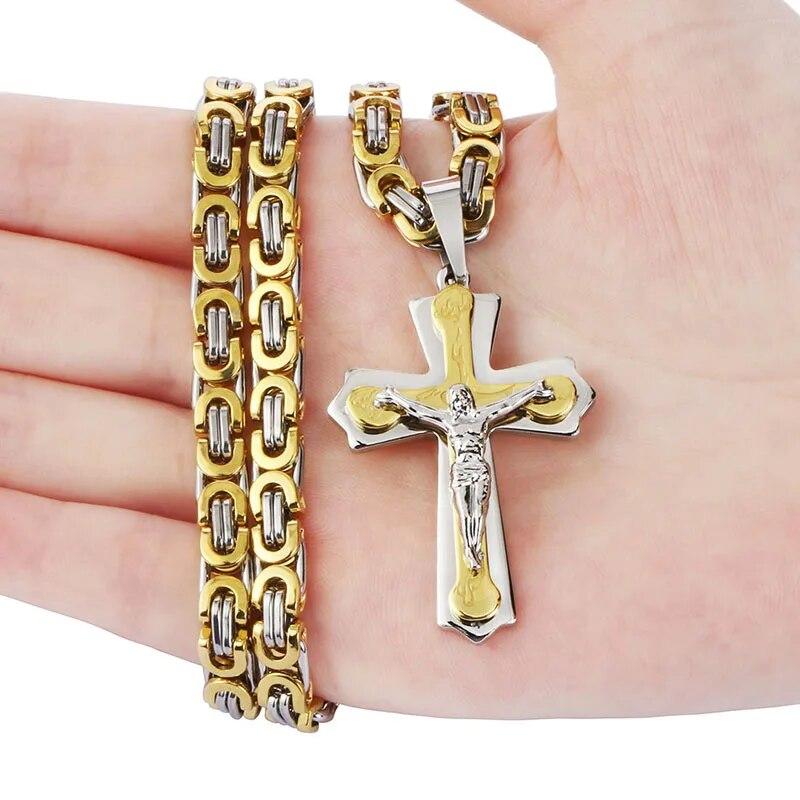 Diyalo Religious Jesus Cross Necklace Men Stainless Steel Crucifix Pendant with Byzantine Chain Necklaces Male Necklace Jewelry