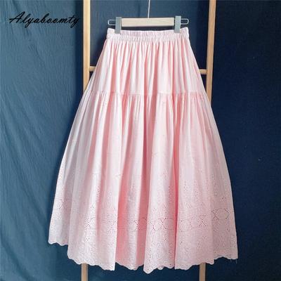 Japanischer Mori Girl Frühling Sommer Damen Midi Rock Hohe Taille Rosa Ausgeschnittener Rock Baumwolle Weich Florale Stickerei Süße Röcke Damen