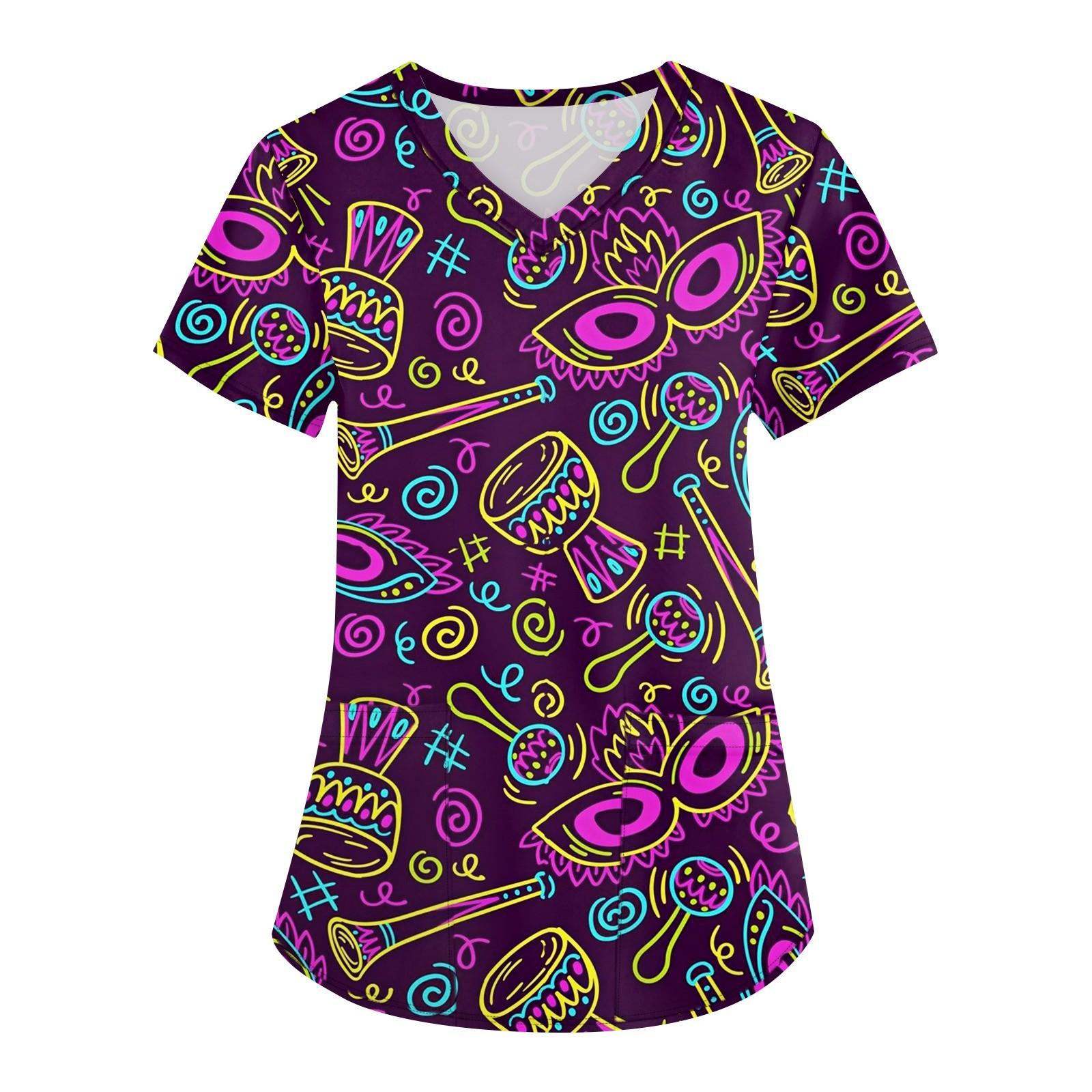 

Плюс Размер Печатный Рабочий Униформа Топы Для Женщин Крест V-образный Вырез Карнавальный Принт Короткий Рукав Забавные Футболки Рабочая Одежда Футболка С Карманами XXXXXL фиолетовый