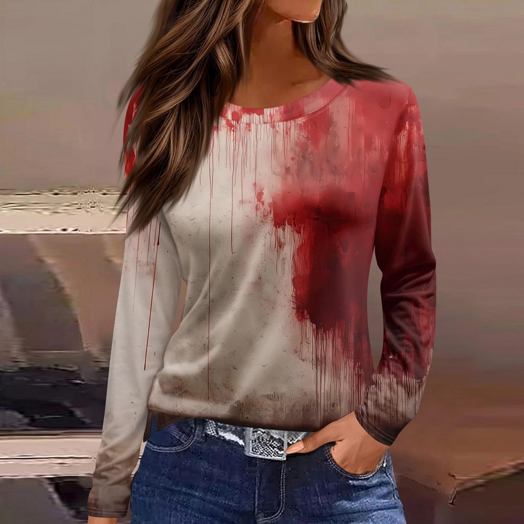 Women's Fashion Casual Slit Hem Round Neck Long Sleeve Loose Halloween Printed T-Shirt Ladies Top