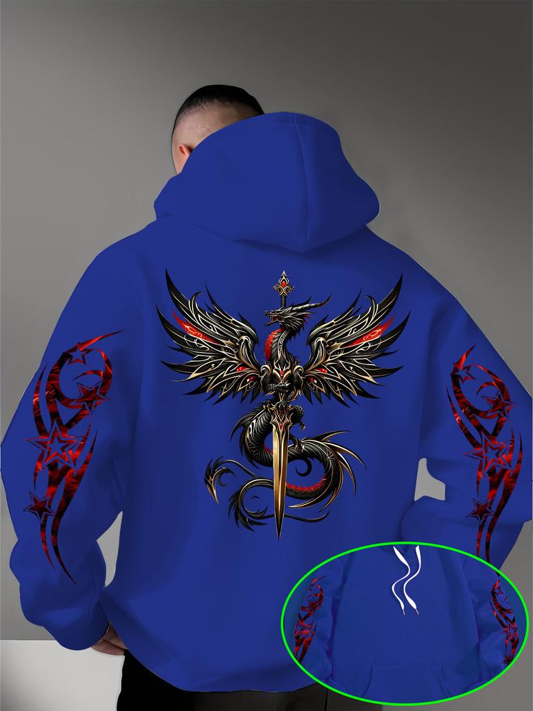 Men's Gothic Dragon Sword Hoodie Red Gold Dragon Graphic Black Streetwear Pullover Sweatshirt Hip Hop Sport Casual Top