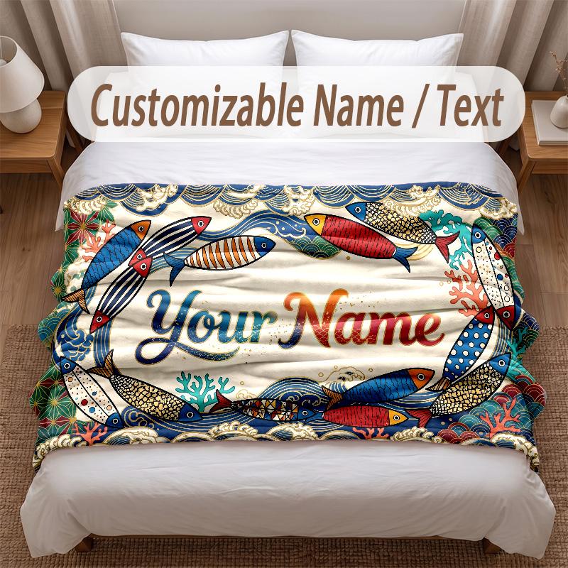 Fish Ocean Theme Soft Blanket Personalized Custom Name Text Print Warm Blanket Home Sofa Bedroom Decor