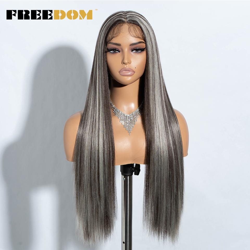 

FREEDOM Long Straight Synthetic Lace Front Wigs For Women 30 Inch Ombre Blue Blonde Lace Wig Easy Wear Cosplay Wig (as the picture,30inches)