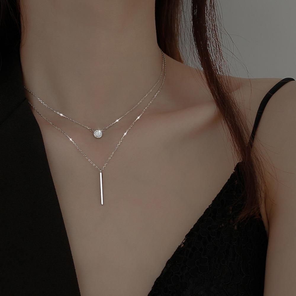 Elegante Vierkante Staaf Glanzende Kristal Ronde Dubbellaagse Ketting Dames Eenvoudige Mode Sleutelbeenketting