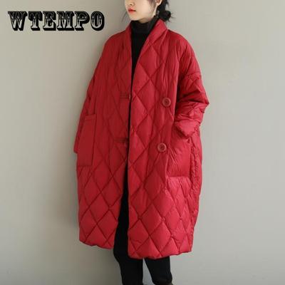 Large Size Women's Winter Wide Pine Stand Collar Solid Color Diamond Grid Mid Length Over Knee Warm Down Cotton Jacket