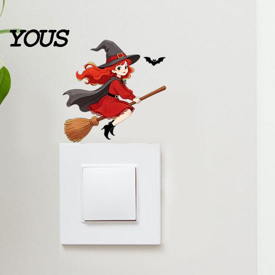 Holiday Home Decoration Halloween Switch Sticker, Witch Riding Broom Light Decal, Creative Decor Self-Adhesive Wall Stickers for Bedroom Living