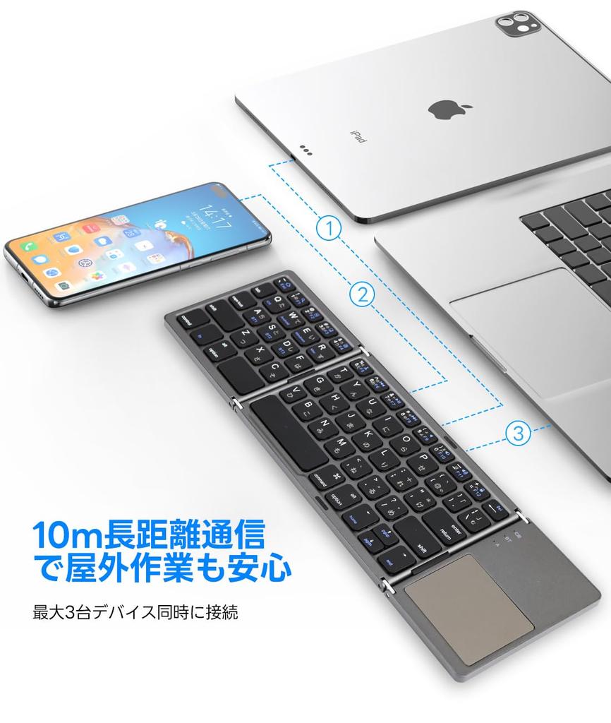 [4-Channel] Bluetooth Wireless Folding Keyboard, 3mm Thin  Built-in Touchpad, Hiragana Engraving, Type-C Charging  Simultaneous Connection for iOS,