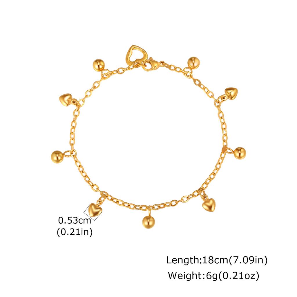 18K Gold Plated Round Beads Heart Charm Bracelet for Women, Stainless Steel Adjustable Bracelets, Dainty Waterproof Jewelry