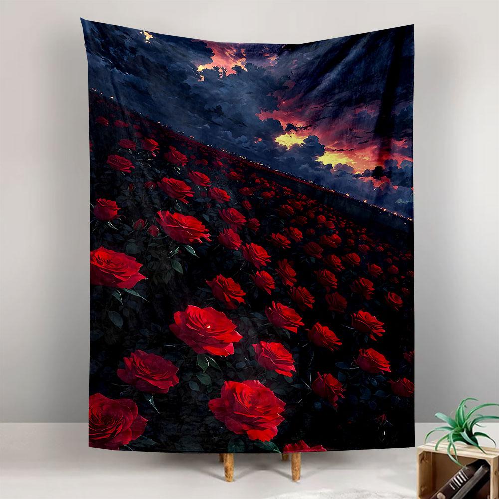 Red Rose Field At Dusk Wall Tapestry Dramatic Sunset Clouds Romantic Floral Landscape Decor for Bedroom Living Room Gift