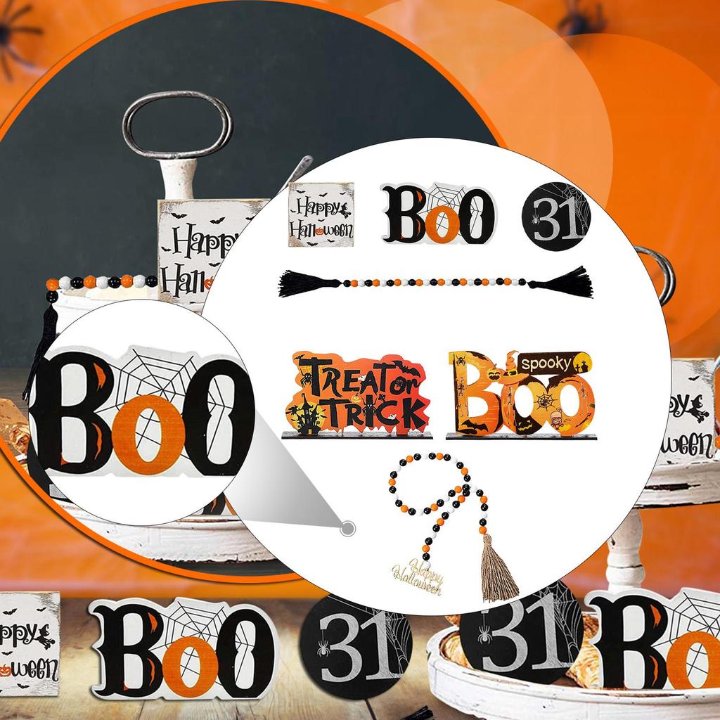 Halloween Tiered Tray Decor Halloween Decor Party Decoration Wooden Signs Bead Garland for House Room Indoor Shelf Farmhouse