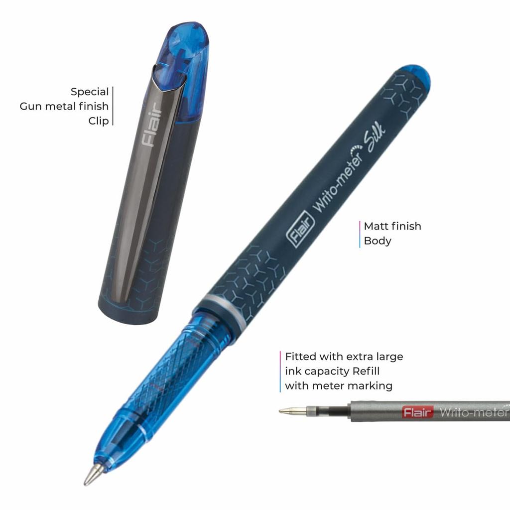 Flair Writometer Silk Ball Pen Pack of 1 x 5pen Blue Ink 0.7mm Gunmetal Clip Matte Finish 10000m Writing Smooth Office School