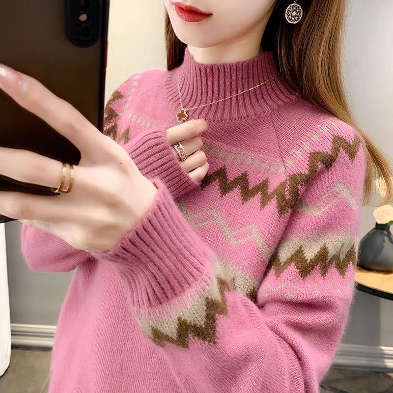 

Привлекательный свитер с длинным рукавом, трикотажная женская одежда, контрастный цвет, полувысокий воротник, пуловер, геометрические топы XXXL фуксия