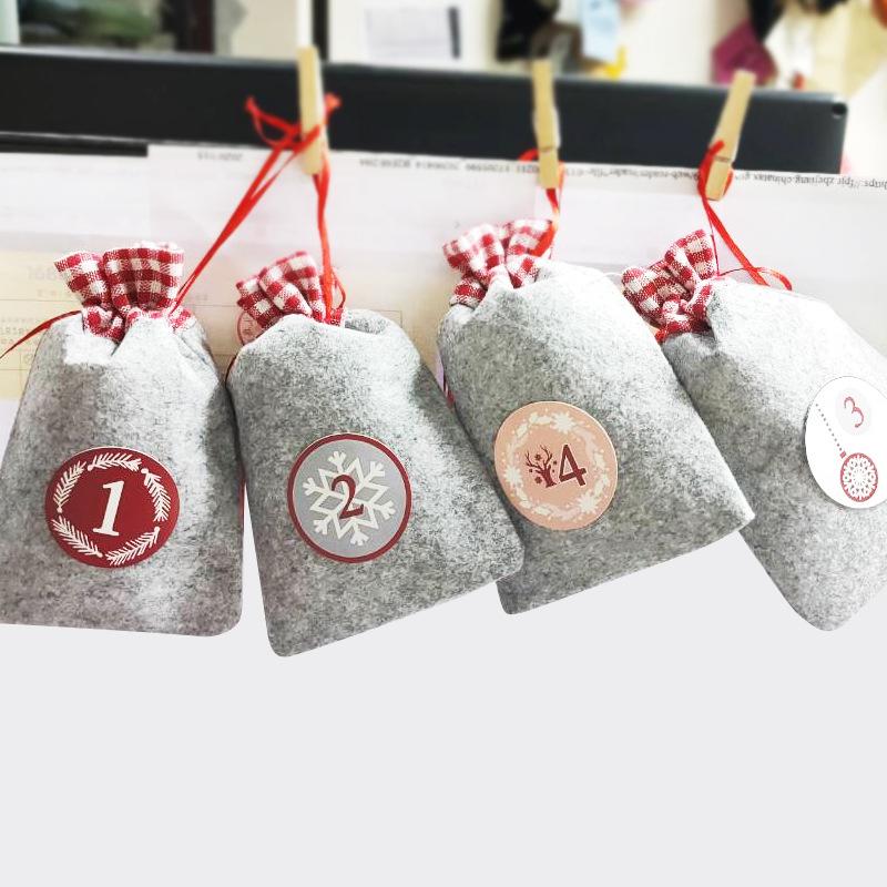 24pcs Christmas Gift Bag Drawstring Bag Countdown Calendar 24 Christmas Felt Bags Digital Sticker Cloth Bag Set