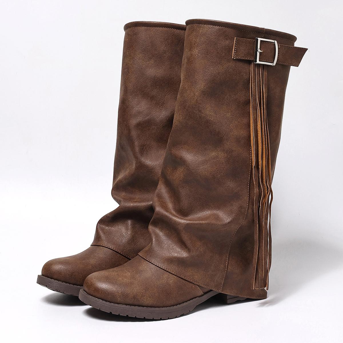 

2025 Новые ботильоны с кисточками и пряжками, со штрипками на одну ногу, с круглым носком, в западном стиле, простые, с баской, женские ботильоны до середины икры 36 коричневый