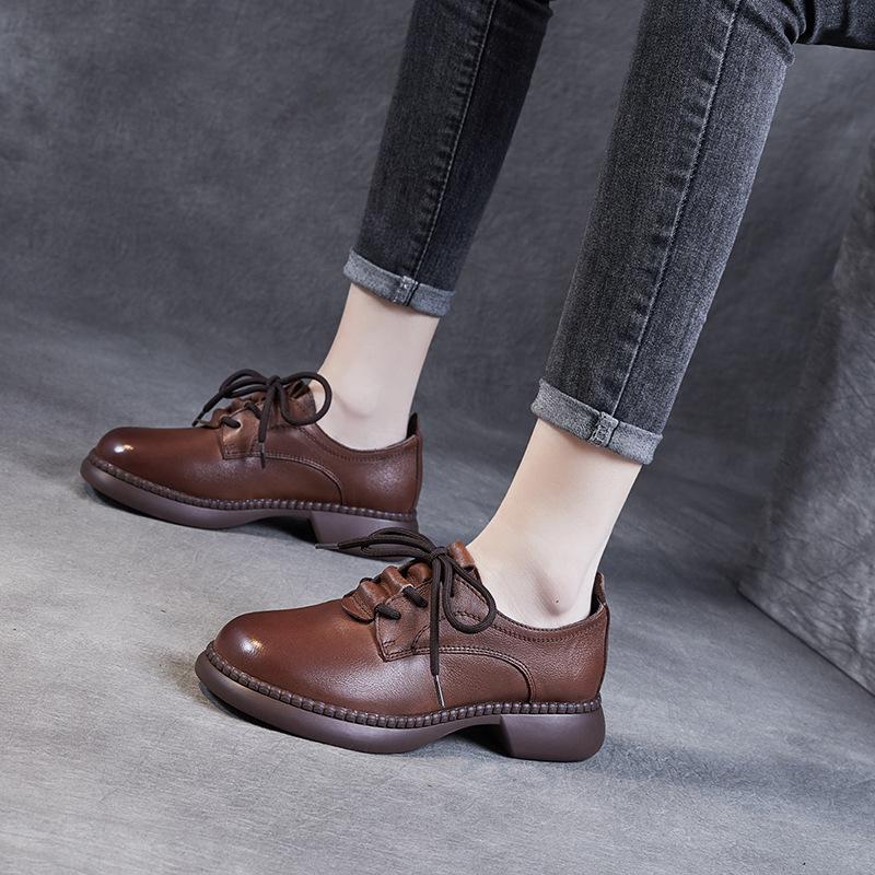 Spring 2025 New Retro Style Leather Single Shoes Handmade Soft-soled Shoes Low Heel Round Head Lace-up Flat Women's Shoes