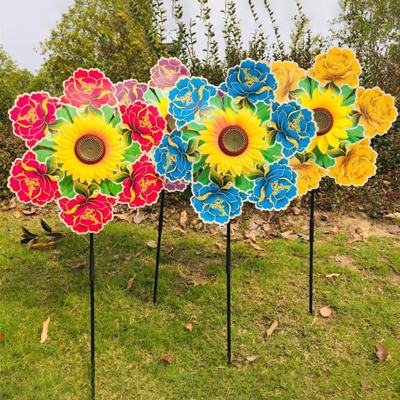 1 Piece Sunflower Windmill Outdoor Party Garden Yard Decor Rotating Sunflower Wind Spinner Stake Standing Lawn Flower Pinwheel