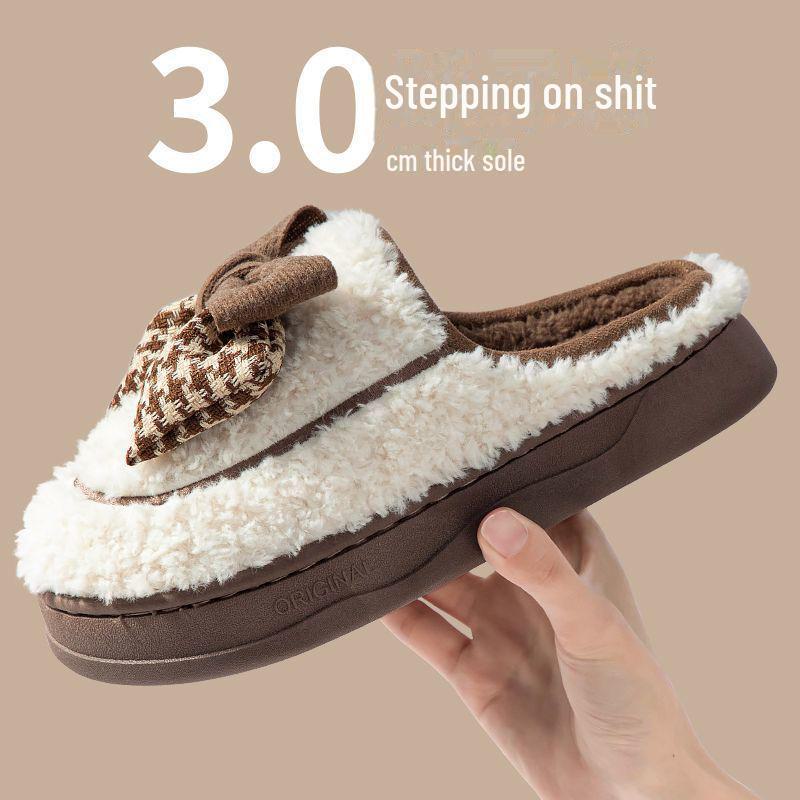 Bomullstofflor med rosett för kvinnor, tjock sula, varma sandaler för inomhus-/utomhusbruk, höst/vinter 2024