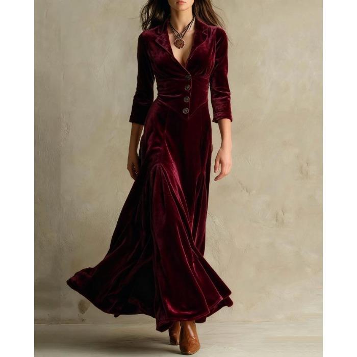 Europäische und amerikanische Damenbekleidung unabhängige Station einfarbig Knopf Revers Dreiviertelärm langes Kleid Kleid Taille Schwingrock