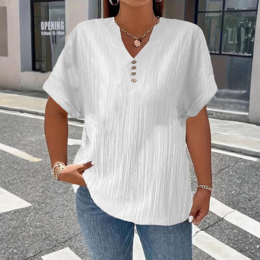 Women's Fashionable Casual Solid Color Button V-Neck T-Shirt Top